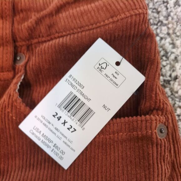 NEW Volcom Stoned Straight Corduroy Pants Color Nut Size 24 X 27 Rust Orange - Picture 2 of 9